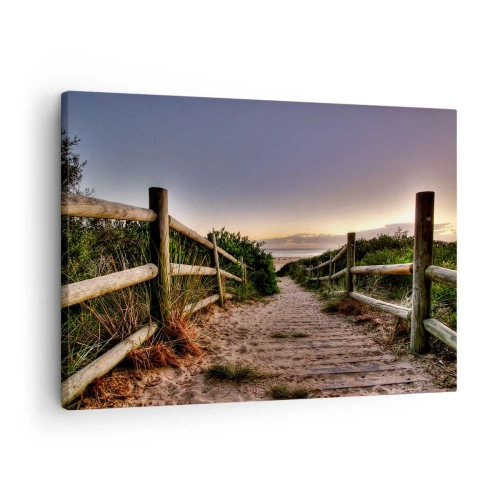 Schilderen op canvas - Houten pad in de duinen dat naar het strand leidt bij zonsondergang - 70x50cm - Het doel is al zichtbaar - Moderne wanddecoratie voor woonkamer en slaapkamer ARTTOR