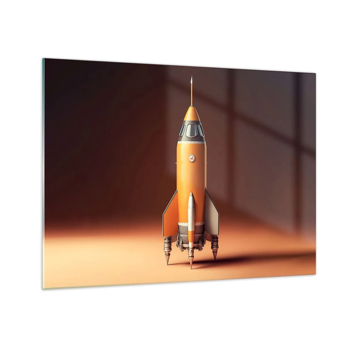 Schilderen op glas - Een oranje raket tegen een zachte lichtachtergrond - 70x50cm - Het begint met een droom - Moderne wanddecoratie voor woonkamer en slaapkamer ARTTOR