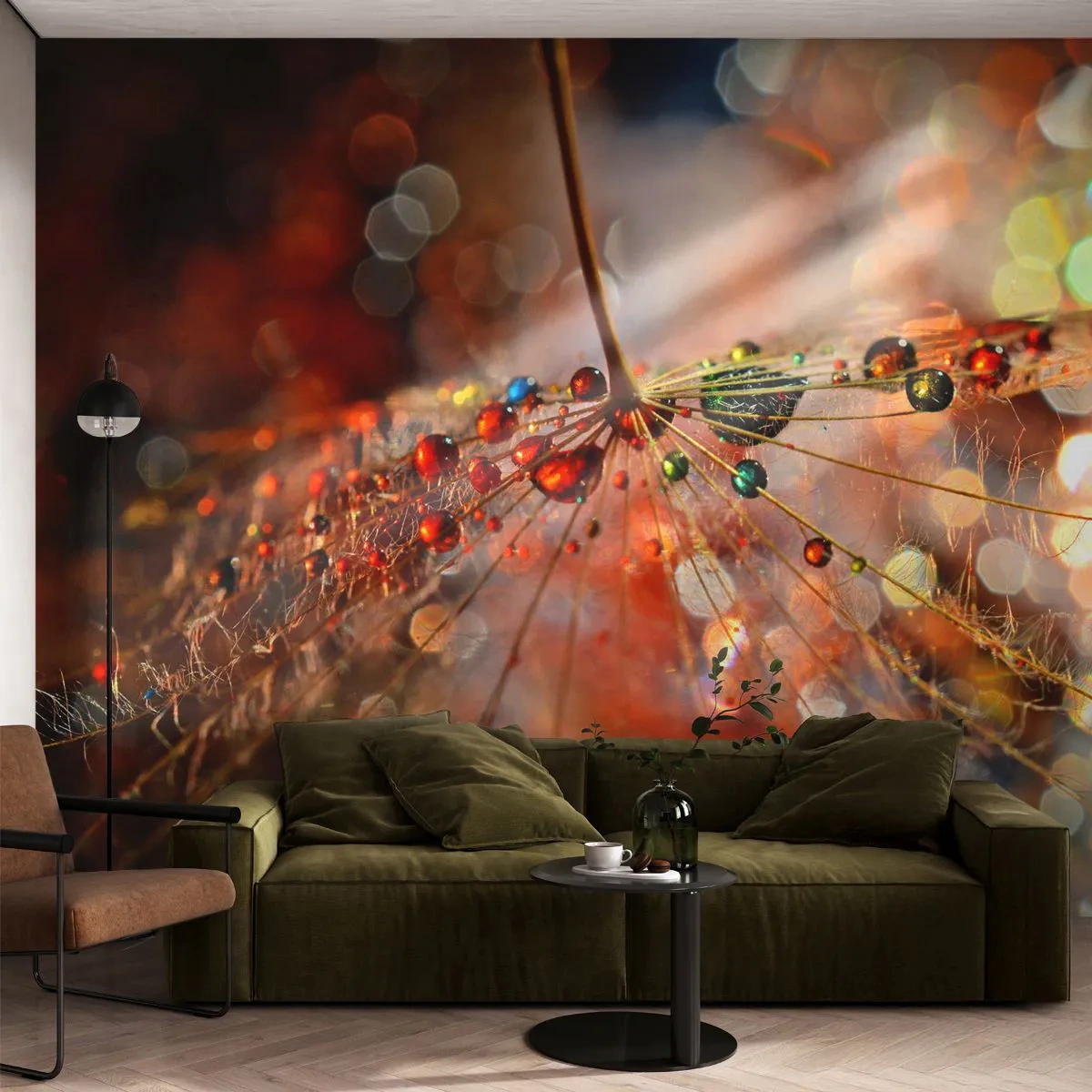 Fotobehang Standard Eco - Geregen op een spinnendraad - Abstractie, spinnenweb, Deel - 400x280 cm