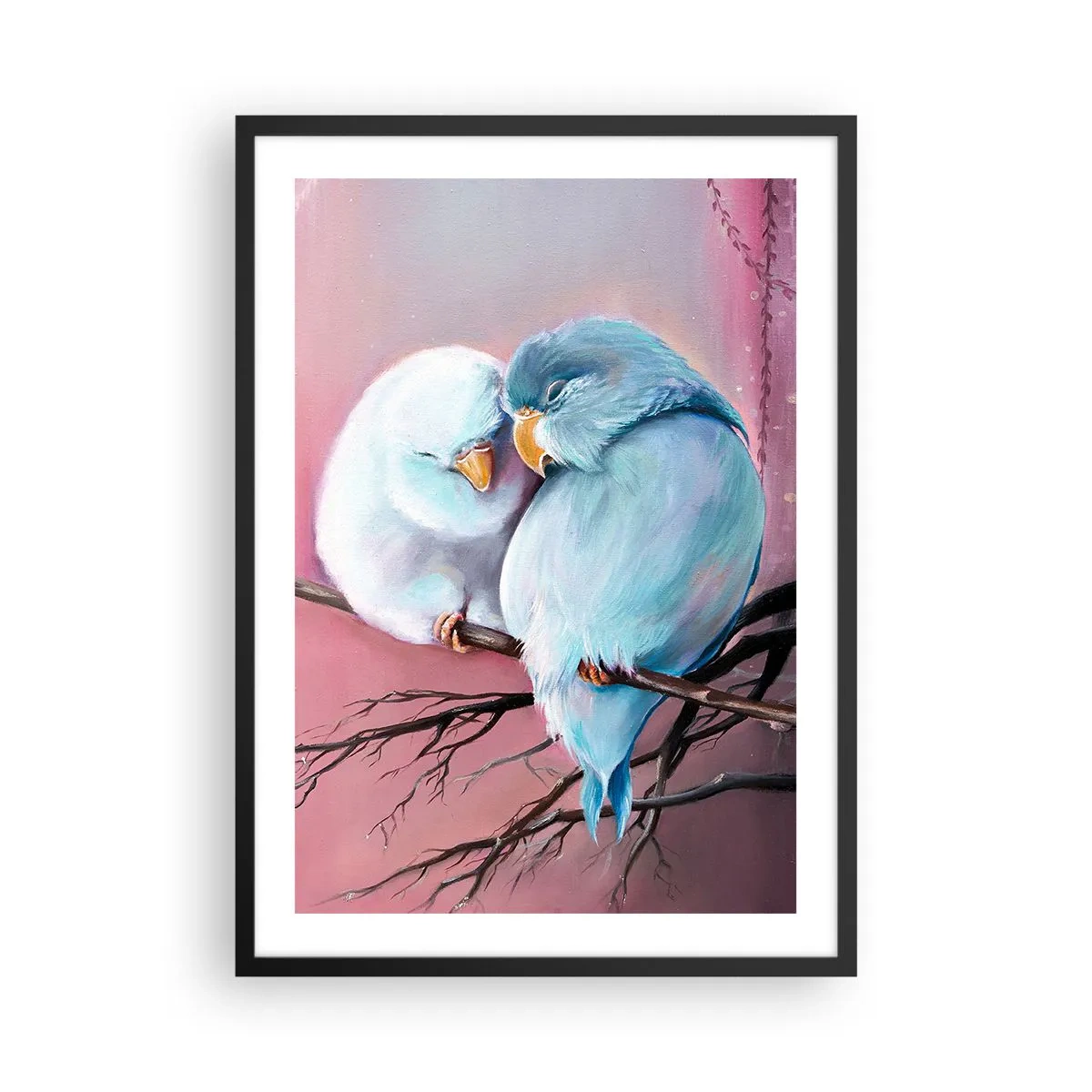 Poster in een zwarte lijst - Twee vogels zitten op een tak in een romantische setting - 50x70cm - Wat kan ik hier toevoegen? ... - Moderne wanddecoratie voor woonkamer en slaapkamer ARTTOR