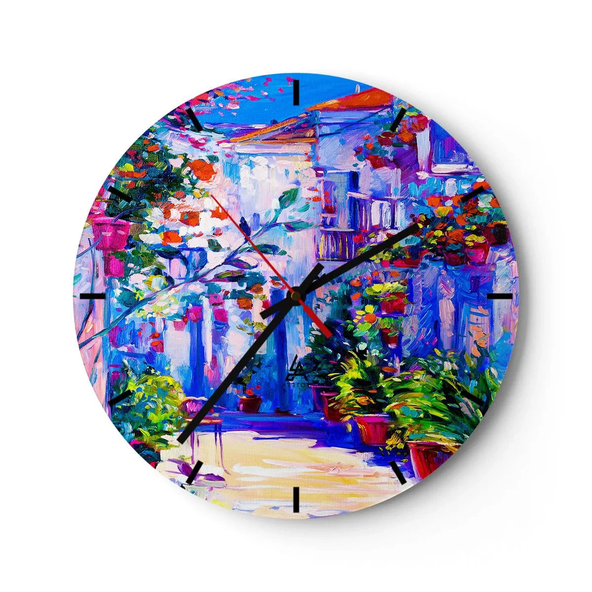 Wandklok - Klok - Een charmant terras vol bloemen in intense kleuren - 30x30cm - Impressie - een Italiaanse straat - Moderne wanddecoratie voor woonkamer, keuken en slaapkamer ARTTOR