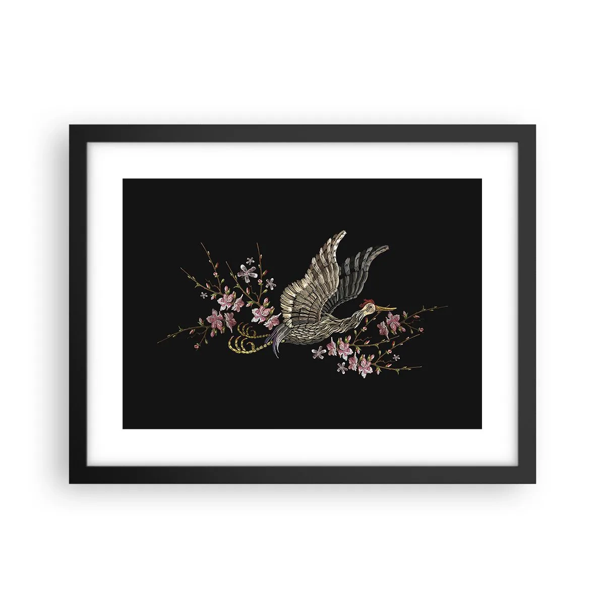 Poster in een zwarte lijst - Exotische geborduurde vogel - 40x30 cm