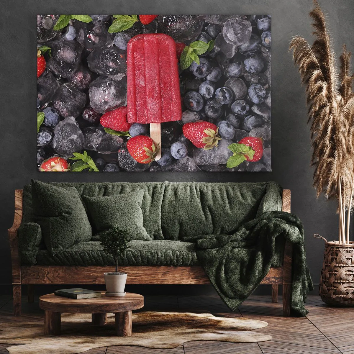 Schilderen op canvas - Rode ijslolly omringd door fruit en ijs - 70x50cm - De smaak van hete zomer - Moderne wanddecoratie voor woonkamer en slaapkamer ARTTOR