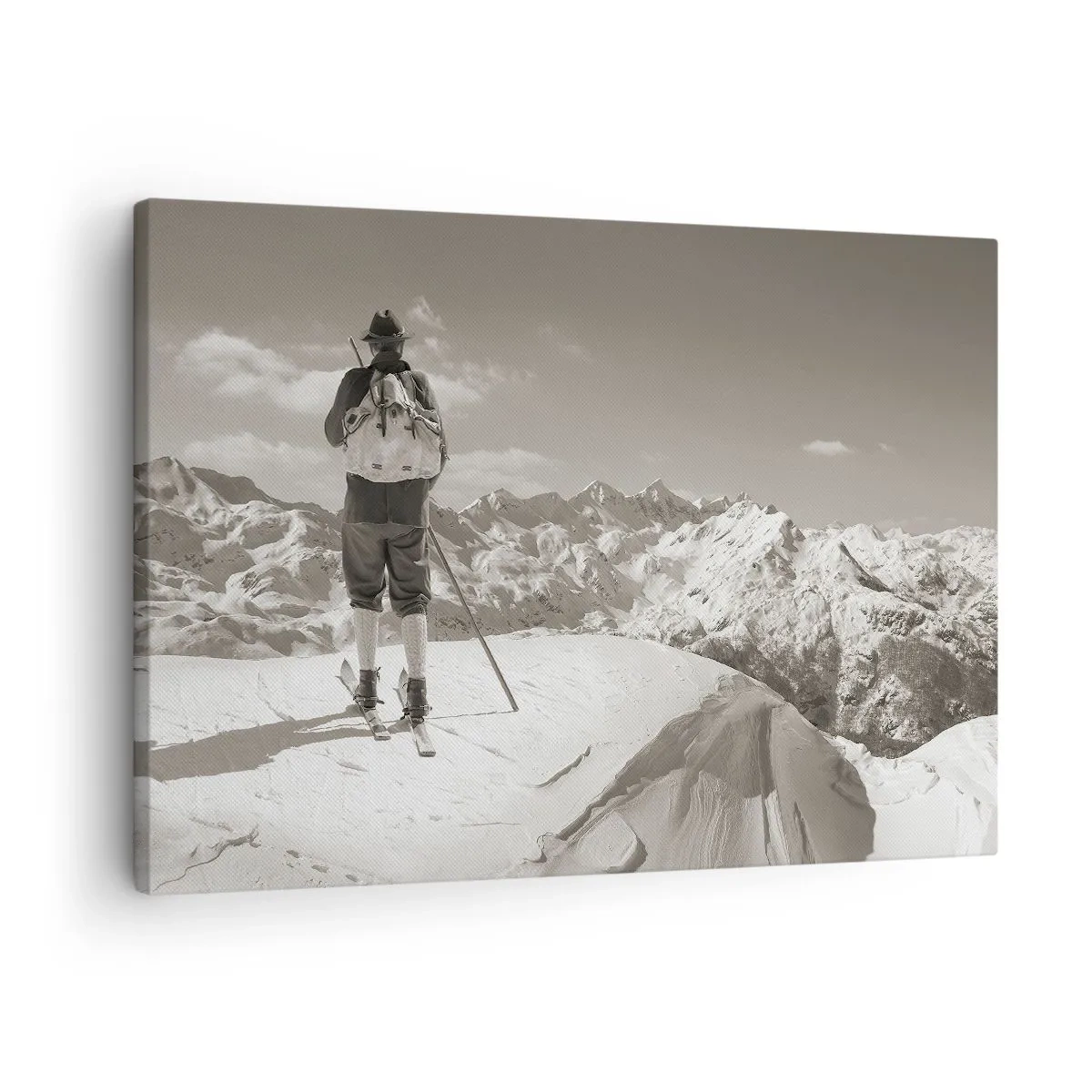 Schilderen op canvas - Een skiër op de top van een berg in zwart-wit - 70x50cm - En de bergen blijven onveranderd - Moderne wanddecoratie voor woonkamer en slaapkamer ARTTOR