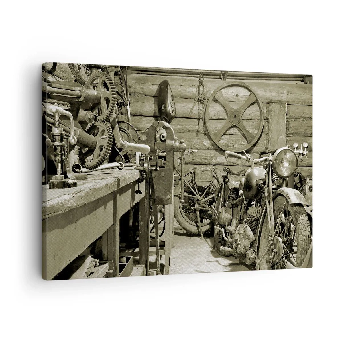 Schilderen op canvas - Retro werkplaats met motorfietsen en gereedschap - 70x50cm - In de schuur van oom Władek - Moderne wanddecoratie voor woonkamer en slaapkamer ARTTOR