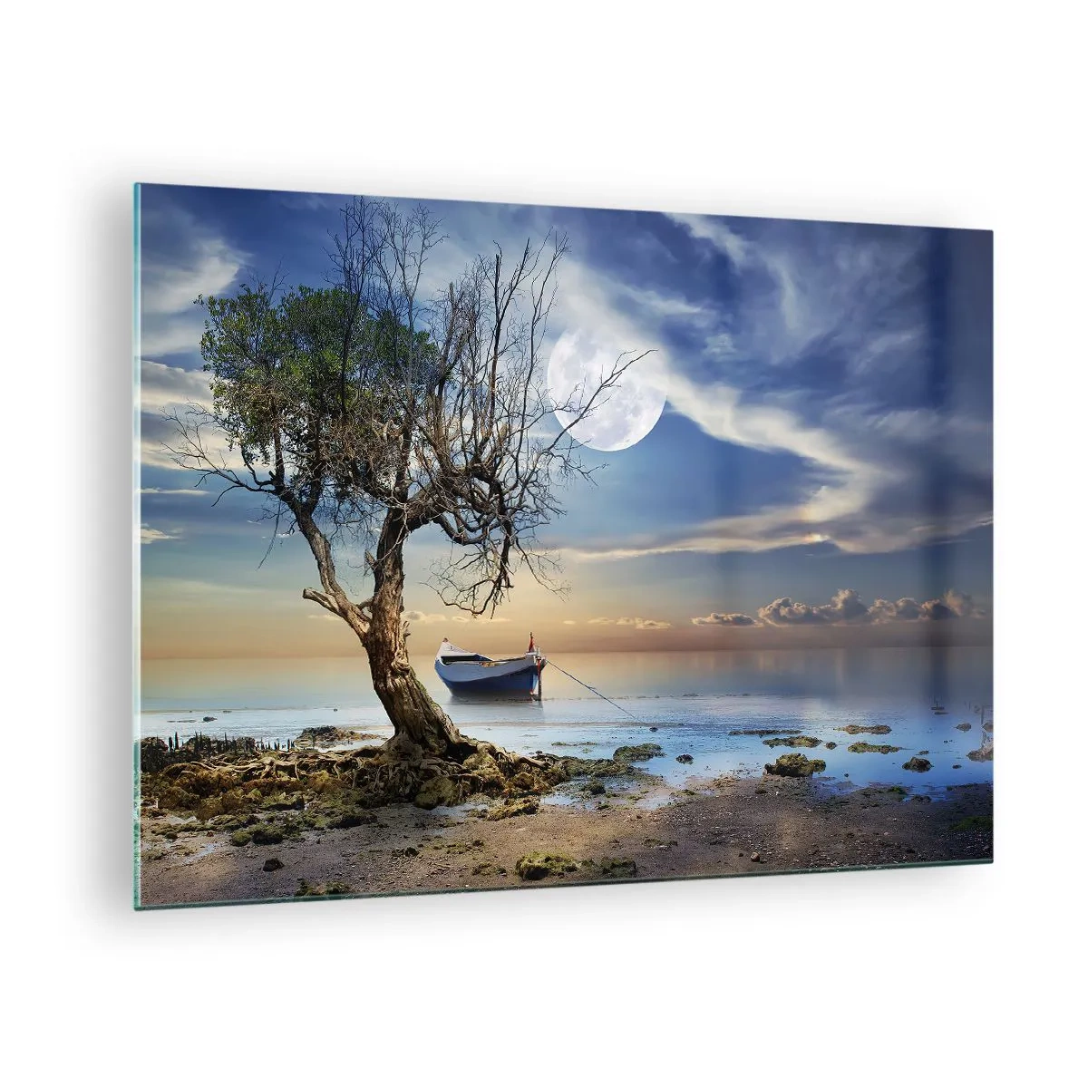 Schilderen op glas - Een eenzame boot bij een boom tegen de achtergrond van de maan - 70x50cm - Is dit het einde of het begin? - Moderne wanddecoratie voor woonkamer en slaapkamer ARTTOR