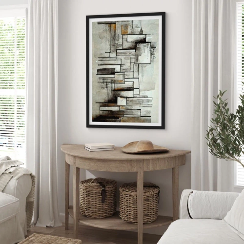 Poster in een zwarte lijst - Abstracte geometrische compositie in tinten grijs en zwart - 50x70cm - De kracht van eenvoud - Moderne wanddecoratie voor woonkamer en slaapkamer ARTTOR