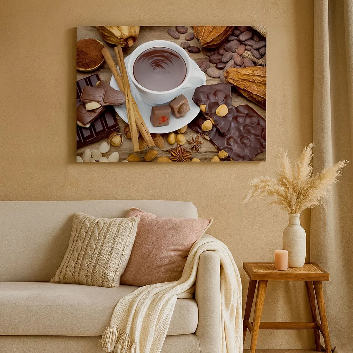 Schilderen op canvas - Een kop warme chocolademelk omringd door dessert ingrediënten - 70x50cm - Uit een sprookjesachtige chocoladefabriek - Moderne wanddecoratie voor woonkamer en slaapkamer ARTTOR
