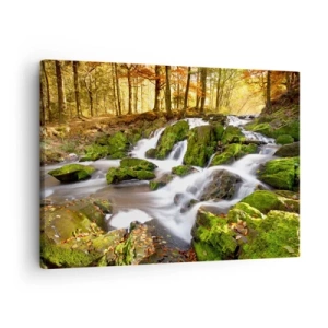 Schilderen op canvas - Een bosrijk landschap met een waterval omgeven door mos - 70x50cm - Snel door het herfstbos - Moderne wanddecoratie voor woonkamer en slaapkamer ARTTOR