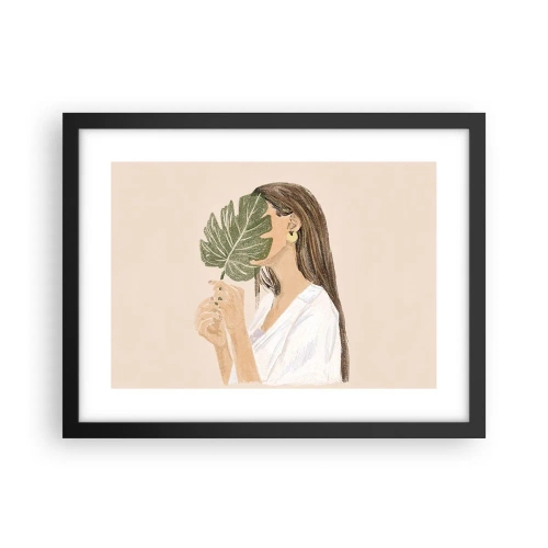 Poster in een zwarte lijst - Mysterieus portret met een waaier - 40x30 cm