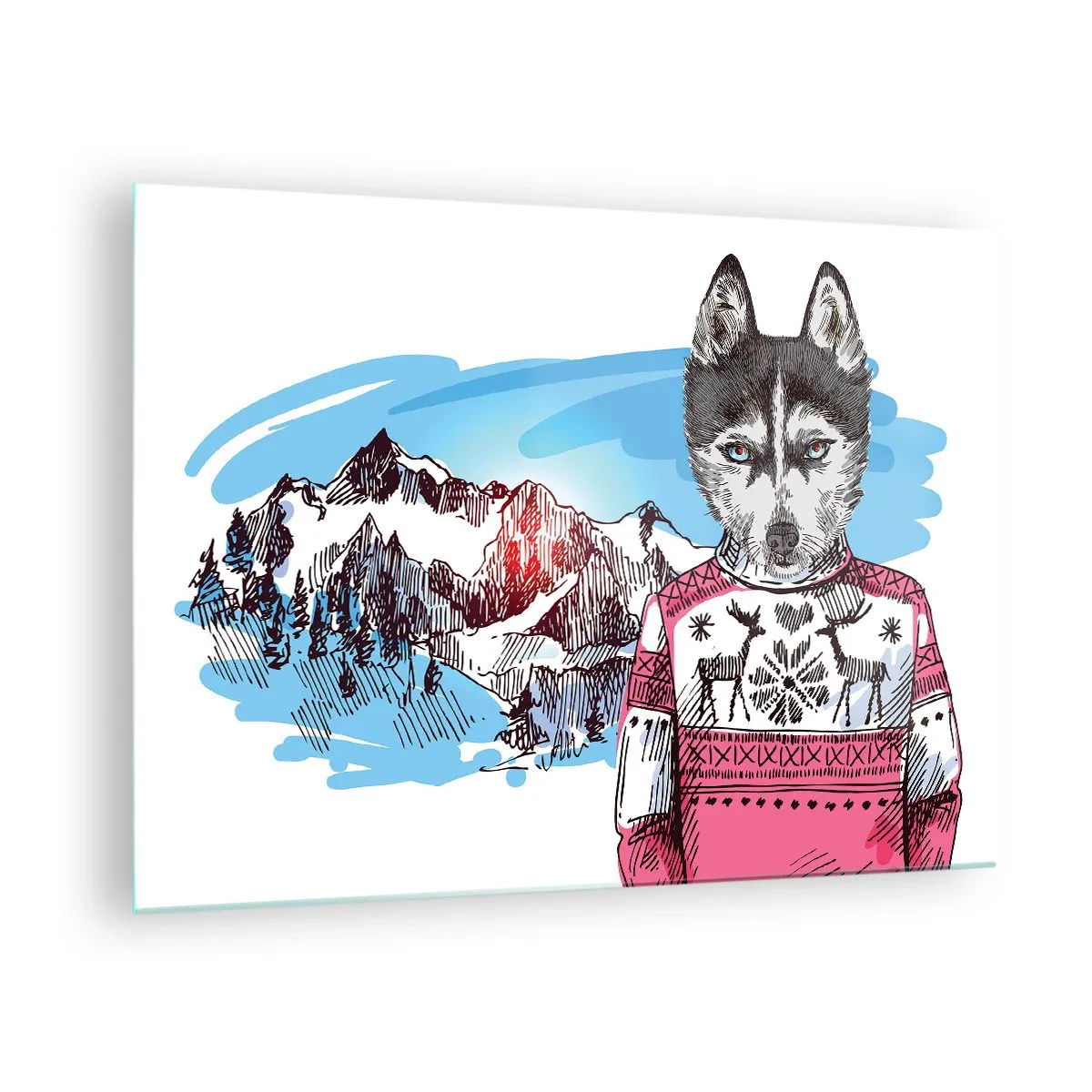 Schilderen op glas - Husky in een trui met bergen op de achtergrond - 70x50cm - Een wolf in schaapswol - Moderne wanddecoratie voor woonkamer en slaapkamer ARTTOR