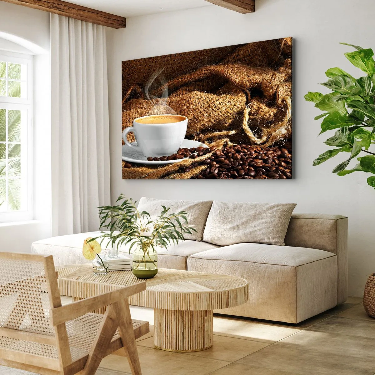 Schilderen op canvas - Een kopje koffie omringd door een zak koffiebonen - 70x50cm - De geur van mokka en de dikte van de honingvloeistof - Moderne wanddecoratie voor woonkamer en slaapkamer ARTTOR