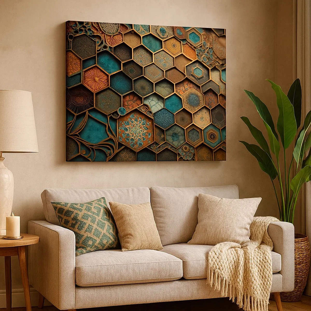 Schilderen op canvas - Kleurrijke ornamenten in hexagonale patronen - 70x50cm - Arabische ornamenten – variatie - Moderne wanddecoratie voor woonkamer en slaapkamer ARTTOR