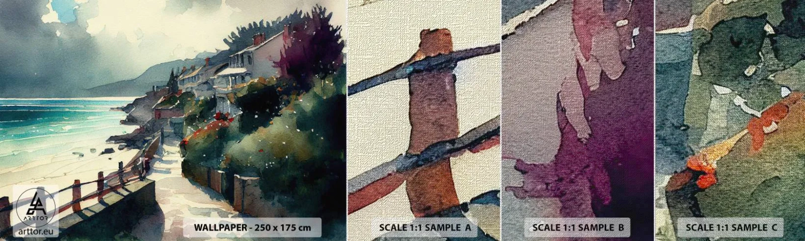 Fotobehang Monster Premium Canvas - Mediterrane stad - Huizen, Landschap, Strand - 100x30 cm