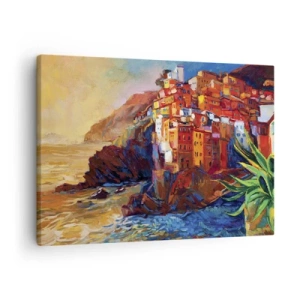 Schilderen op canvas - Kleurrijke huizen op een klif boven de zee - 70x50cm - Italiaanse sfeer - Moderne wanddecoratie voor woonkamer en slaapkamer ARTTOR