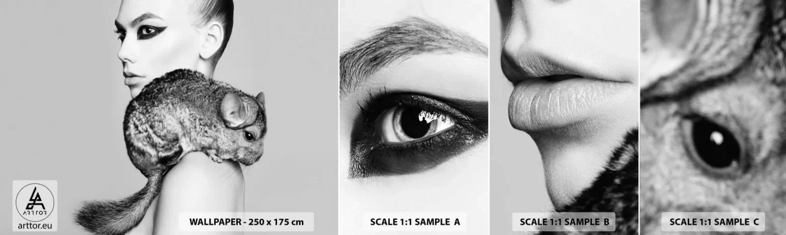 Fotobehang Monster Zelfklevend Deluxe Sticker - Dame met een chinchilla - Vrouw, Vrouw Met Chinchilla, Model - 100x30 cm