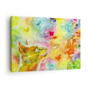 Schilderen op canvas - Een kat omringd door kleurrijke vlinders - 70x50cm - Baju-baju in het kattenparadijs - Moderne wanddecoratie voor woonkamer en slaapkamer ARTTOR