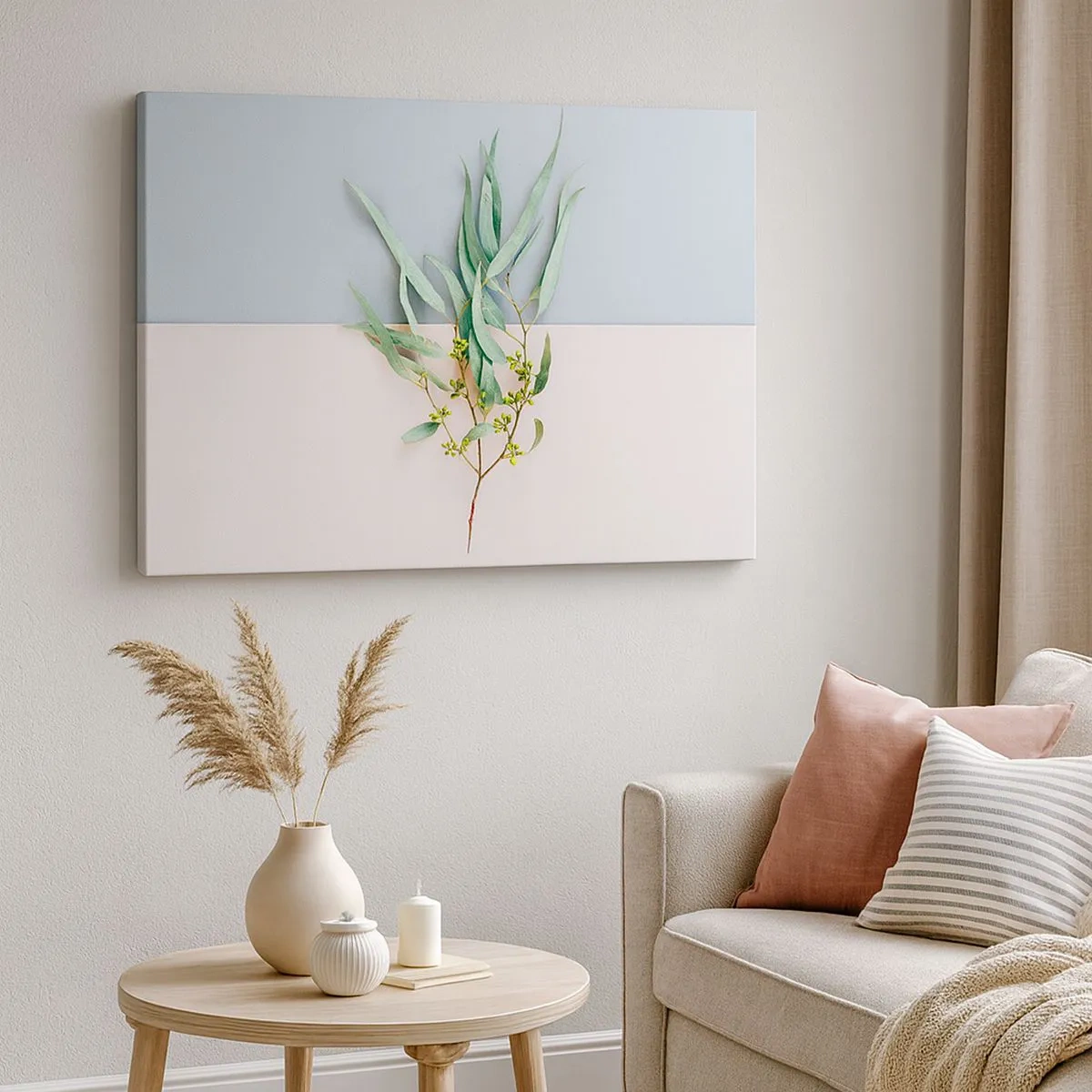 Schilderen op canvas - Een tak met bladeren op een achtergrond van pasteltinten - 70x50cm - Subtiliteit in pastelkleuren - Moderne wanddecoratie voor woonkamer en slaapkamer ARTTOR