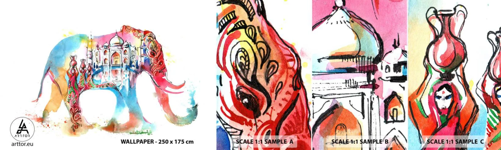 Fotobehang Monster Zelfklevend Deluxe Sticker - India - de uitstraling van liefde - Abstractie, Olifant, Indië - 100x30 cm