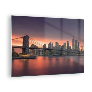 Schilderen op glas - Brooklyn Bridge bij zonsondergang - 70x50cm - Ondergedompeld in lila stilte - Moderne wanddecoratie voor woonkamer en slaapkamer ARTTOR