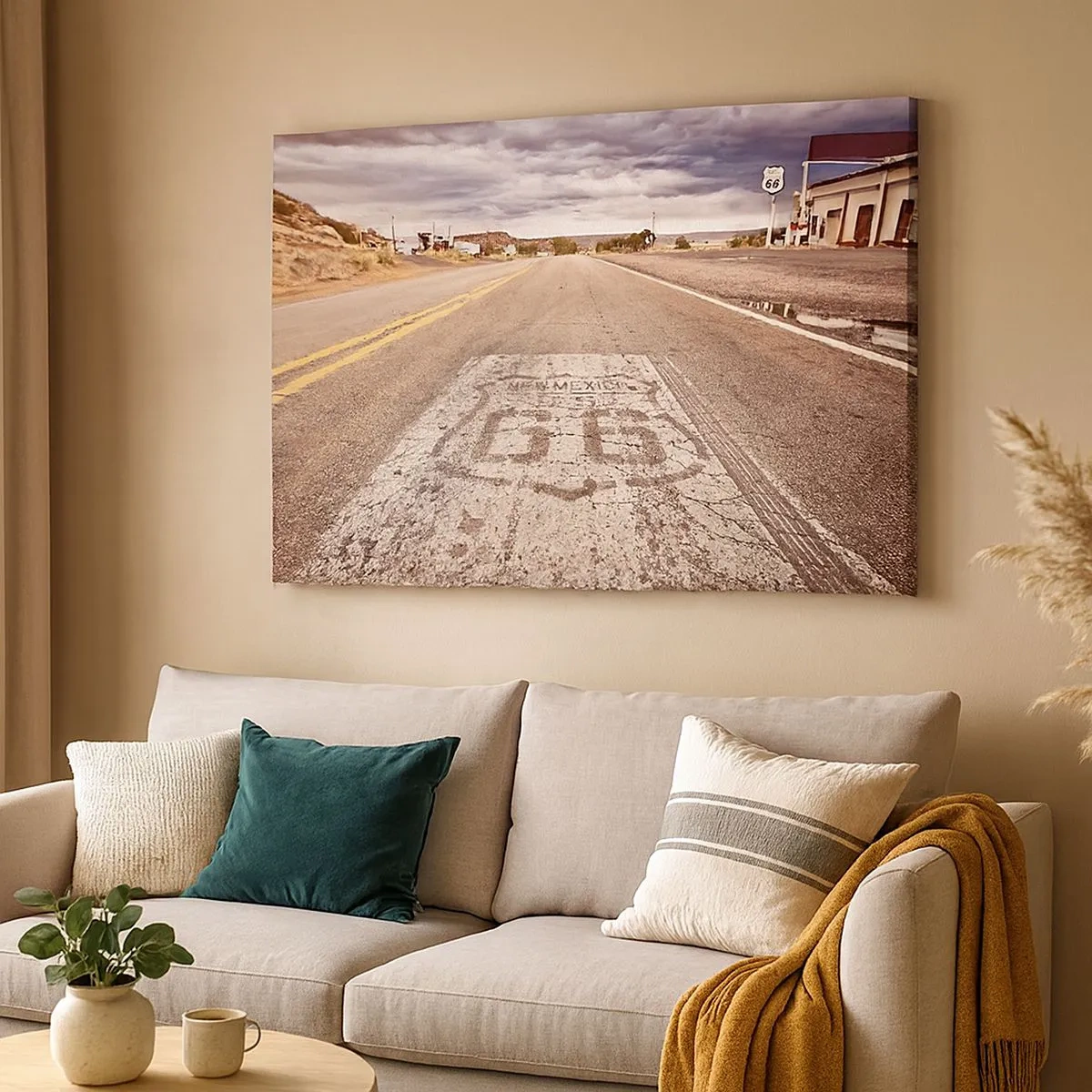 Schilderen op canvas - Route 66 in een woestijnklimaat met een schilderachtige lucht - 70x50cm - Mother Road - een Amerikaanse legende - Moderne wanddecoratie voor woonkamer en slaapkamer ARTTOR