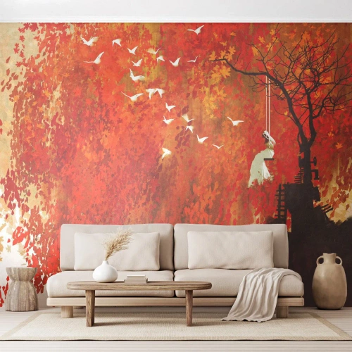 Zelfklevend Fotobehang Deluxe Sticker - Zal hij met hen vliegen? - Abstractie, Vrouw, Vogels - 450x315 cm