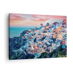 Schilderen op canvas - Santorini bij zonsondergang met witte gebouwen op de heuvel - 70x50cm - Je geweldige Griekse vakantie - Moderne wanddecoratie voor woonkamer en slaapkamer ARTTOR