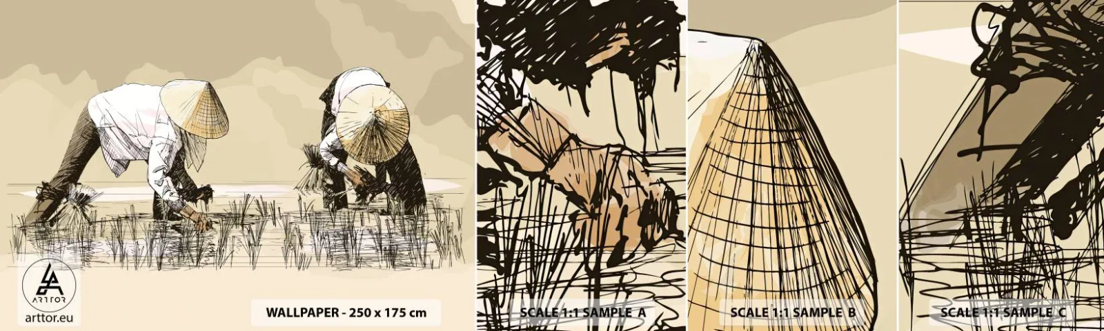 Fotobehang Monster Zelfklevend Deluxe Sticker - Succesvolle oogst - Azië, Rijstplantage, Rijstveld - 100x30 cm