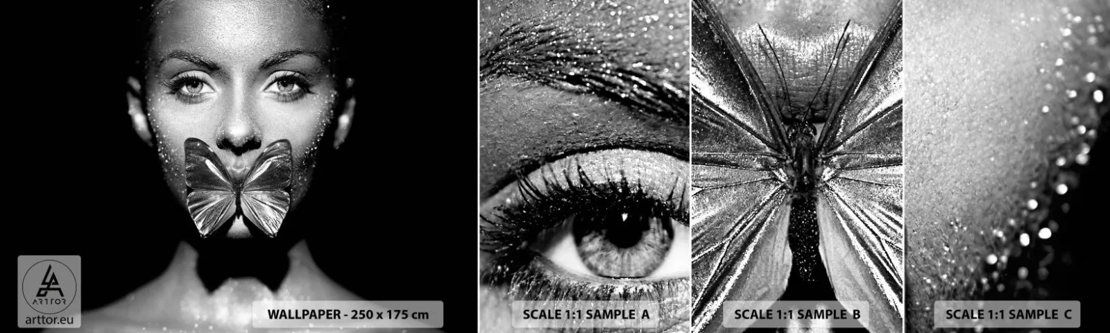 Fotobehang Monster Zelfklevend Deluxe Sticker - Vlinder kus - Abstractie, Vrouw, Vlinder - 100x30 cm