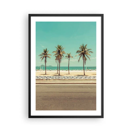 Poster in een zwarte lijst - Een strand met palmbomen en een blauwe lucht - 50x70cm - Op wacht op het strand - Moderne wanddecoratie voor woonkamer en slaapkamer ARTTOR
