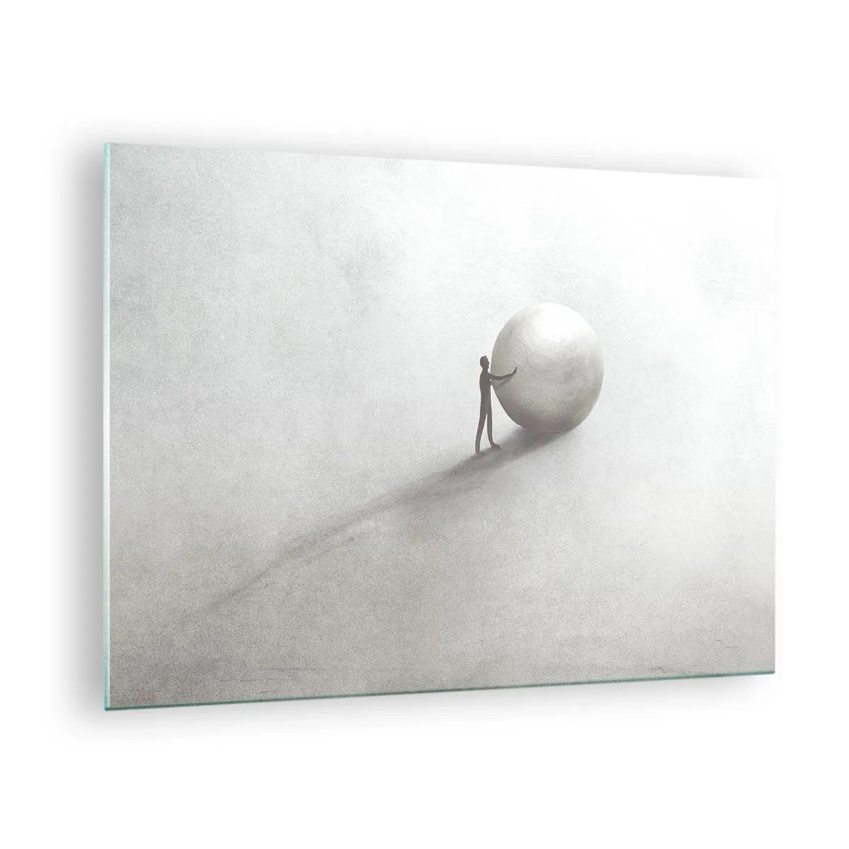 Schilderen op glas - Een minimalistisch silhouet van een man met een grote bal op een lichte achtergrond. - 70x50cm - Het spel van het leven - Moderne wanddecoratie voor woonkamer en slaapkamer ARTTOR