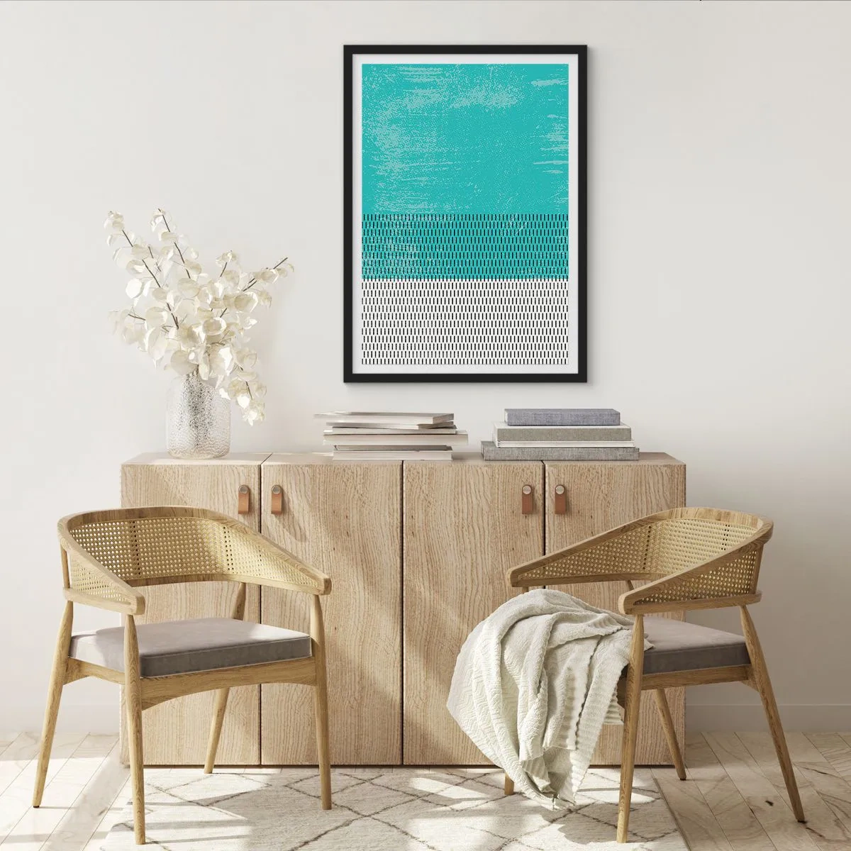 Poster in een zwarte lijst - Geometrisch patroon met turquoise en witte elementen in een minimalistische stijl - 50x70cm - Een uitgebalanceerde compositie - Moderne wanddecoratie voor woonkamer en slaapkamer ARTTOR