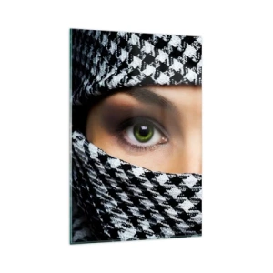 Schilderen op glas - Portret van een gesluierde schoonheid met groene ogen - 80x120 cm