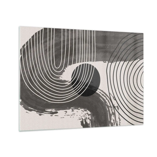 Schilderen op glas - Moderne abstractie met zwart-witte lijnen en een ovaal - 70x50cm - Het ovaal wint - Moderne wanddecoratie voor woonkamer en slaapkamer ARTTOR