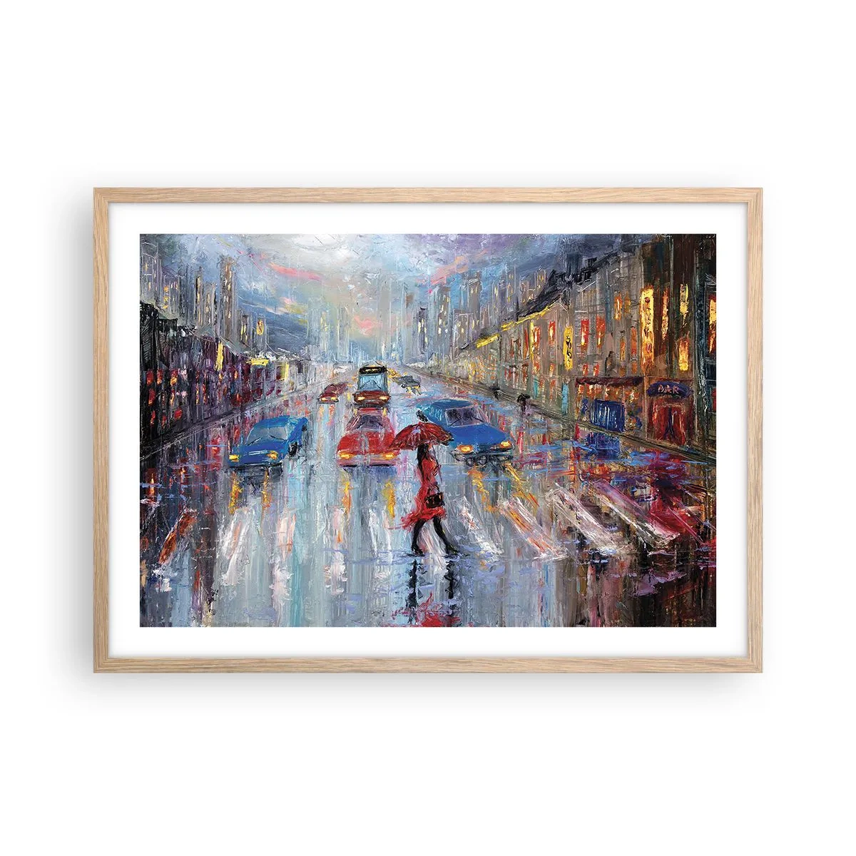Een poster in een licht eiken lijst - Regenachtige middag in de stad - 70x50 cm
