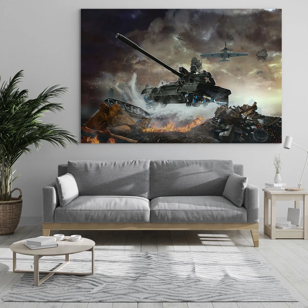 Schilderen op glas - Een tank in actie tegen de achtergrond van een dramatisch slagveld. - 70x50cm - De strijd is verschrikkelijk en mooi - Moderne wanddecoratie voor woonkamer en slaapkamer ARTTOR
