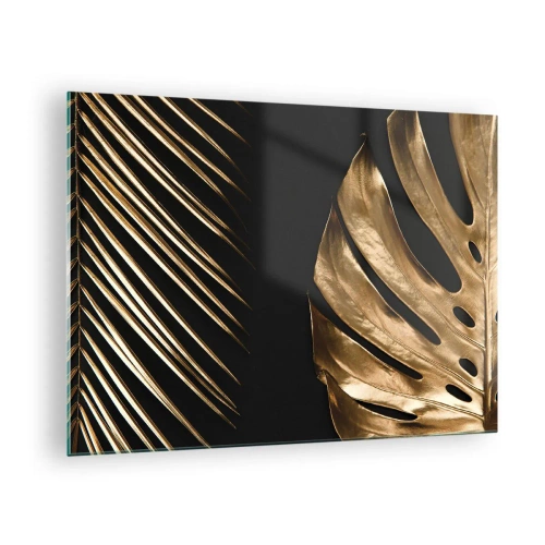 Schilderen op glas - Gouden palmbladeren en monstera's op een zwarte achtergrond - 70x50cm - Anders en net zo duur - Moderne wanddecoratie voor woonkamer en slaapkamer ARTTOR