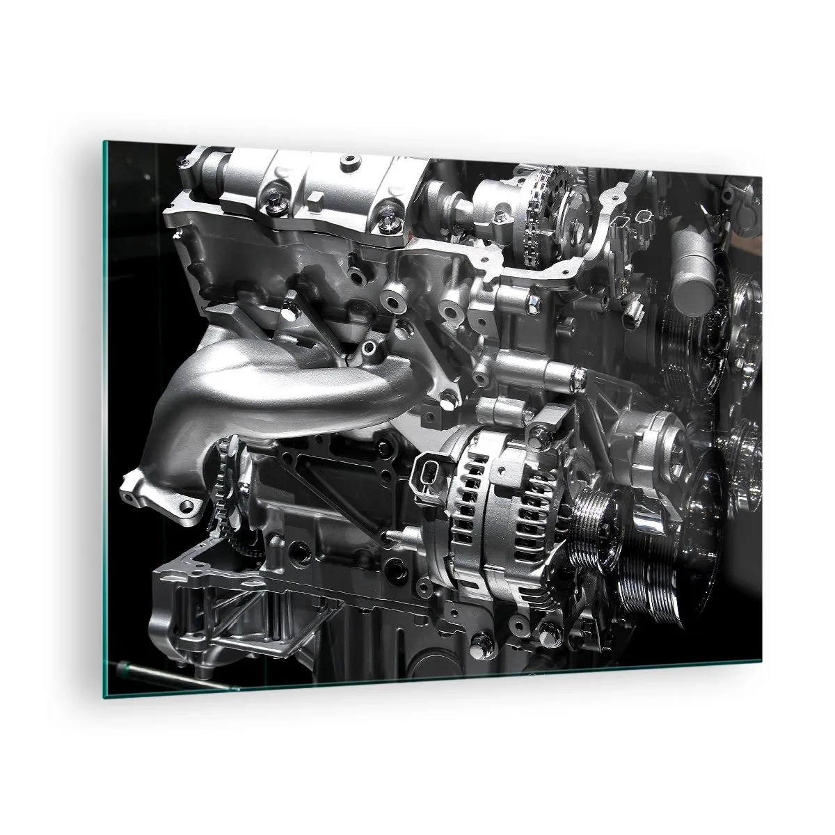 Schilderen op glas - Details van een metalen motor op een zwarte achtergrond - 70x50cm - Staal, mooi, sterk - Moderne wanddecoratie voor woonkamer en slaapkamer ARTTOR