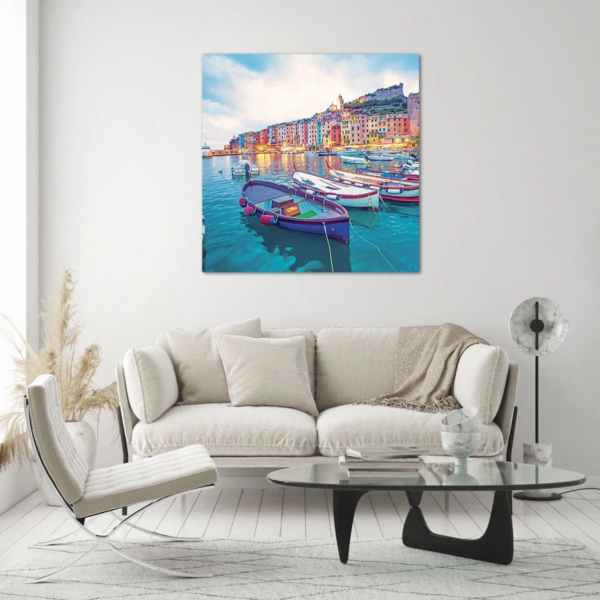 Schilderen op glas - Kleurrijke avond in de haven - 30x30 cm