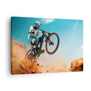 Schilderen op canvas - Een mountainbiker maakt een sprong tegen een achtergrond van rotsen - 70x50cm - Fiets waanzin demon - Moderne wanddecoratie voor woonkamer en slaapkamer ARTTOR