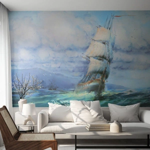 Fotobehang Premium Sand - Goede wind - Zeilschip, Zee, het zeilen - 100x70 cm