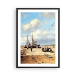 Poster in een zwarte lijst - Traditionele vissersboten en vissers op een zandstrand - 50x70cm - Na een geslaagde vangst - Moderne wanddecoratie voor woonkamer en slaapkamer ARTTOR
