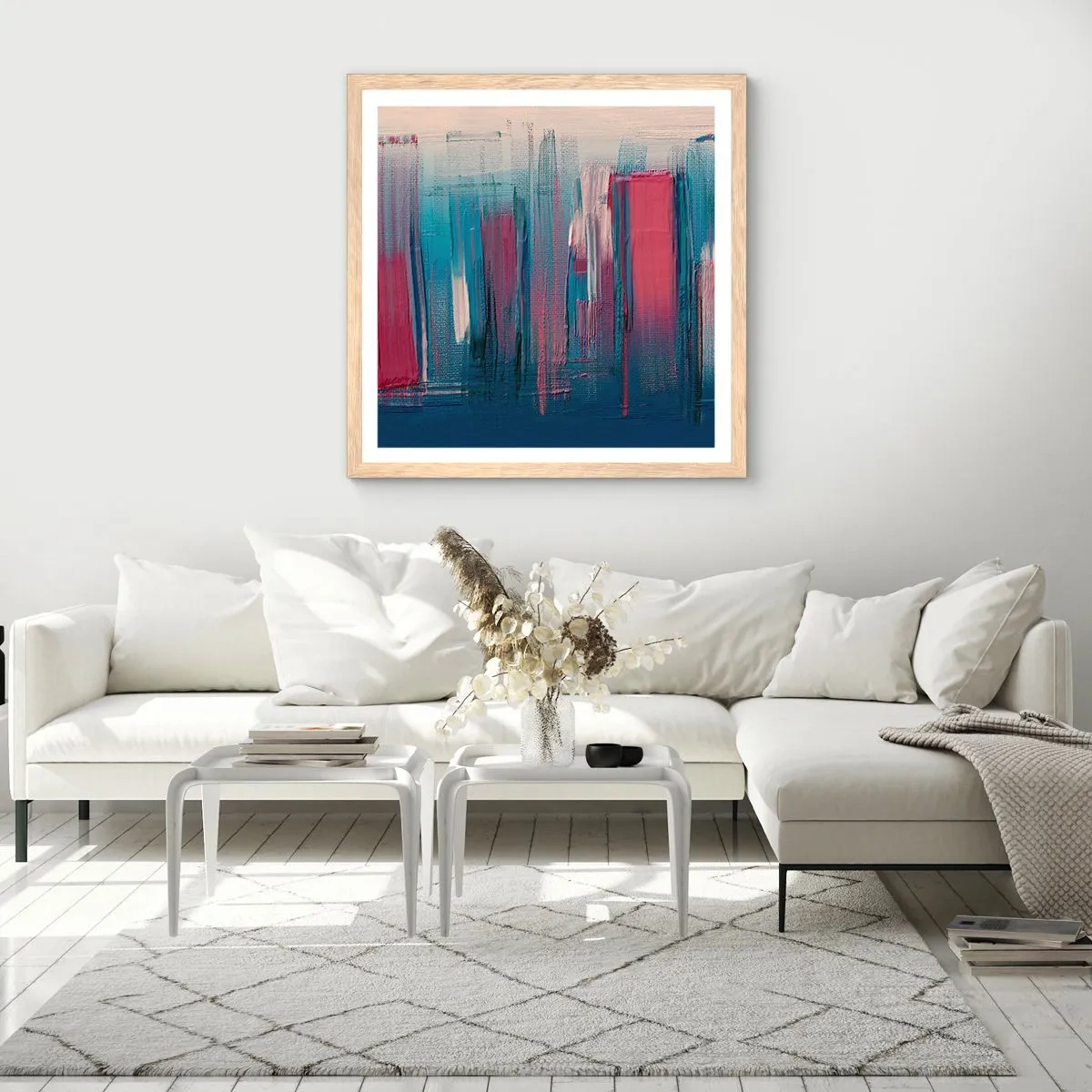 Een poster in een licht eiken lijst - Verticale compositie in blauw en rood - 50x50 cm