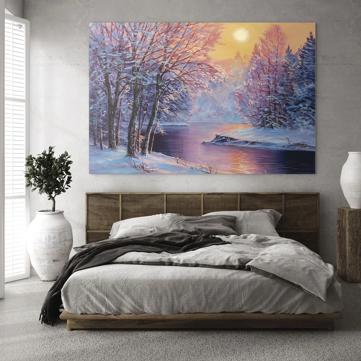 Schilderen op glas - Winterlandschap met een rivier en een zonsondergang - 70x50cm - De kleuren van de winter - Moderne wanddecoratie voor woonkamer en slaapkamer ARTTOR