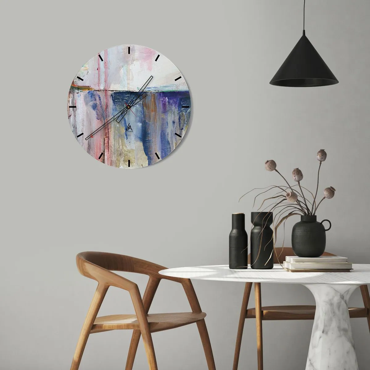 Wandklok - Klok - Een schilderachtige compositie met kleurspatten in tinten blauw en roze. - 30x30cm - Kleurrijke impressies en associaties - Moderne wanddecoratie voor woonkamer, keuken en slaapkamer ARTTOR