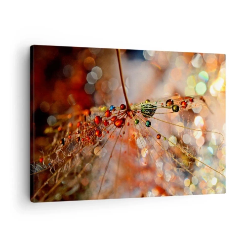 Schilderen op canvas - Macrofotografie van een druppel water op een tere plant - 70x50cm - Geregen op een spinnendraad - Moderne wanddecoratie voor woonkamer en slaapkamer ARTTOR