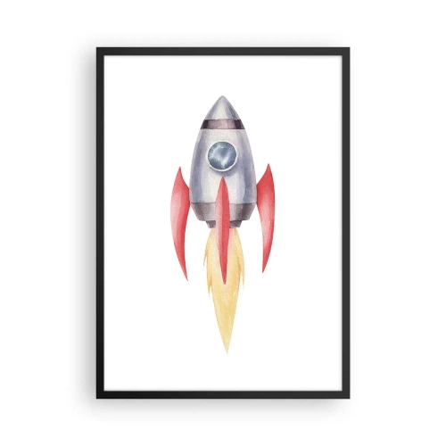 Poster in een zwarte lijst - Ruimteraket in aquarelstijl - 50x70cm - Hoger, sneller, verder - Moderne wanddecoratie voor woonkamer en slaapkamer ARTTOR