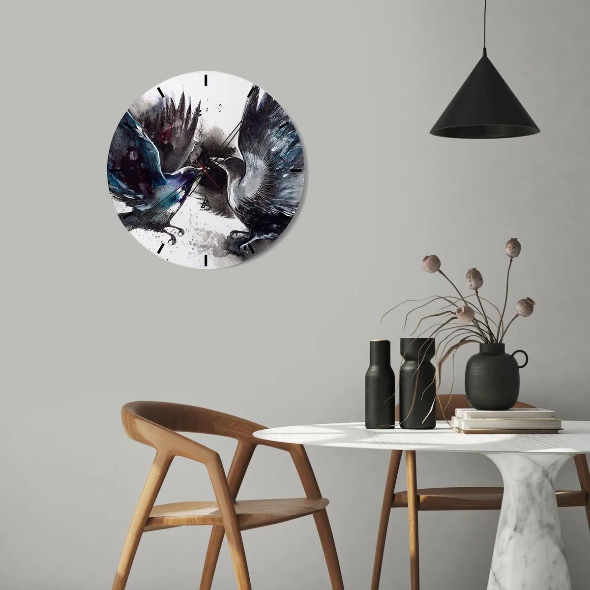 Wandklok - Klok - Artistieke weergave van twee raven in een dynamische pose - 30x30cm - De ene kraai pikt de andere de ogen niet uit - Moderne wanddecoratie voor woonkamer, keuken en slaapkamer ARTTOR