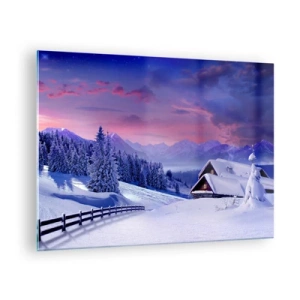 Schilderen op glas - Winterlandschap met een huisje en met sneeuw bedekte bergen - 70x50cm - Stille nacht - Moderne wanddecoratie voor woonkamer en slaapkamer ARTTOR
