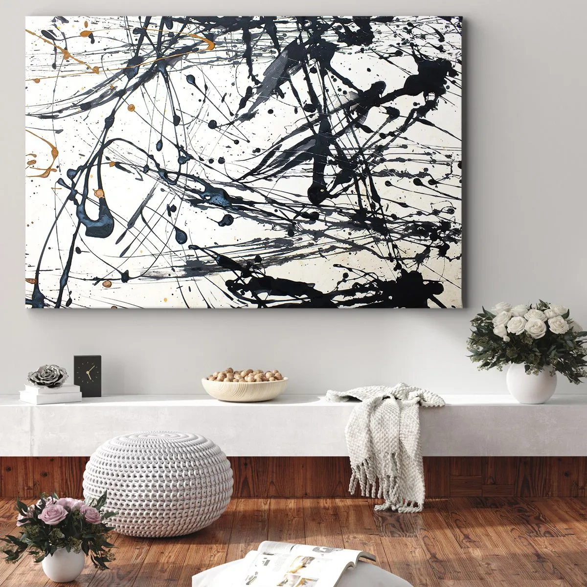 Schilderen op canvas - Een abstract schilderij met verfspatten in dynamische patronen. - 70x50cm - Expressionistische abstractie - Moderne wanddecoratie voor woonkamer en slaapkamer ARTTOR